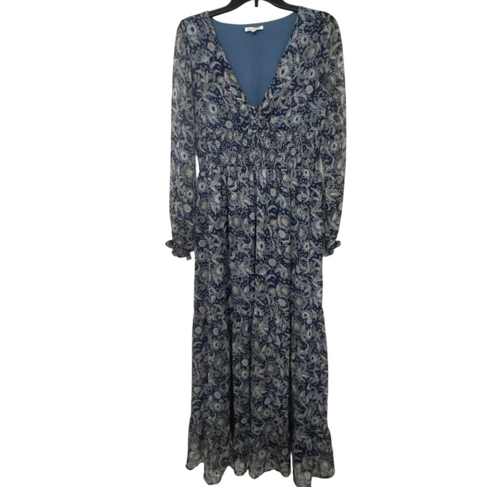 Patrons of Peace Blue Floral Tiered Ruffle Maxi Dress L Boho Peasant Cottage